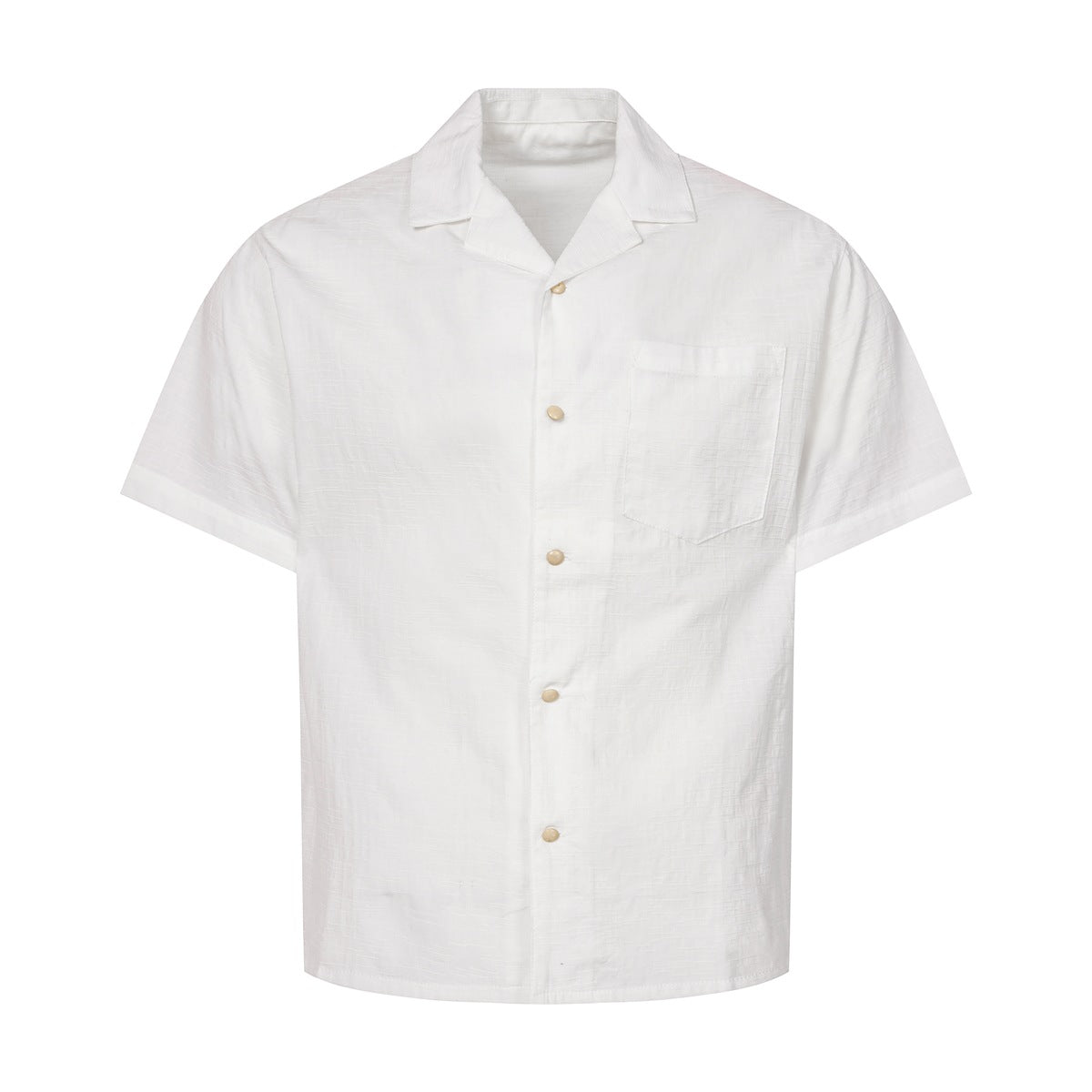 White short-sleeve camp collar shirt with light buttons and chest pocket, flat front view