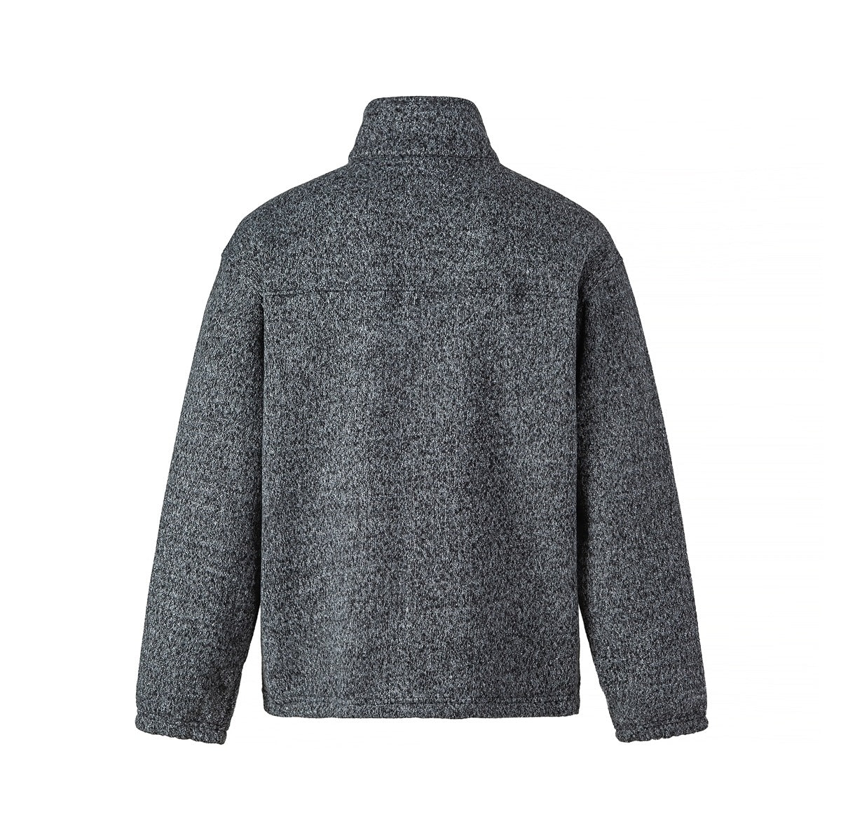 Heather gray stand-collar top, back view with yoke seam and elastic cuffs