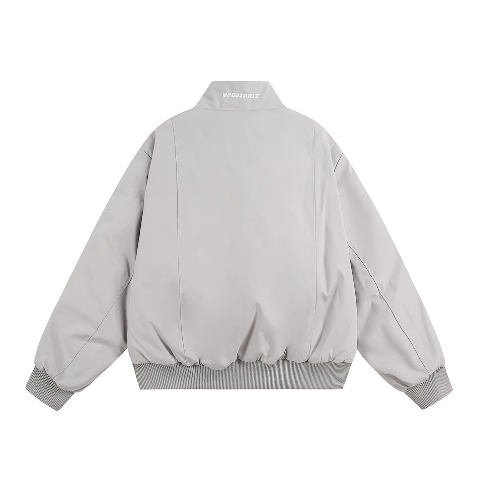 Back view of a light gray zip-up jacket with a stand collar and ribbed cuffs and hem.