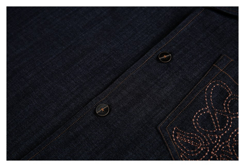 Close-up of two dark buttons and part of a pocket with brown decorative stitching on dark denim.