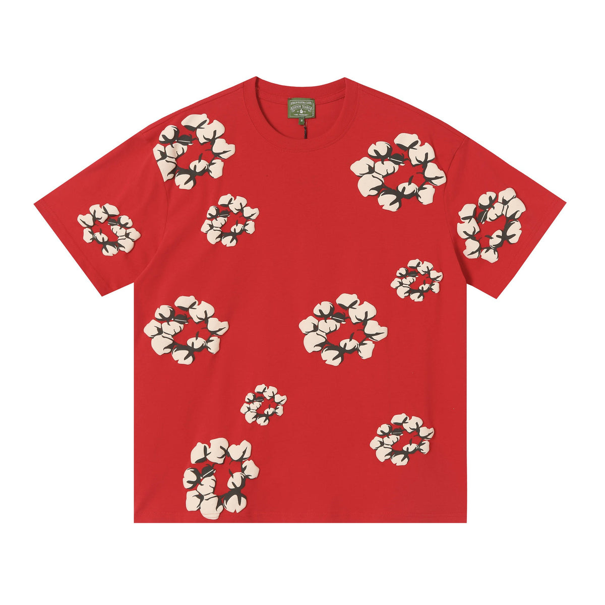 Denim Tears red cotton T-shirt with all-over cotton wreath print on front and sleeves