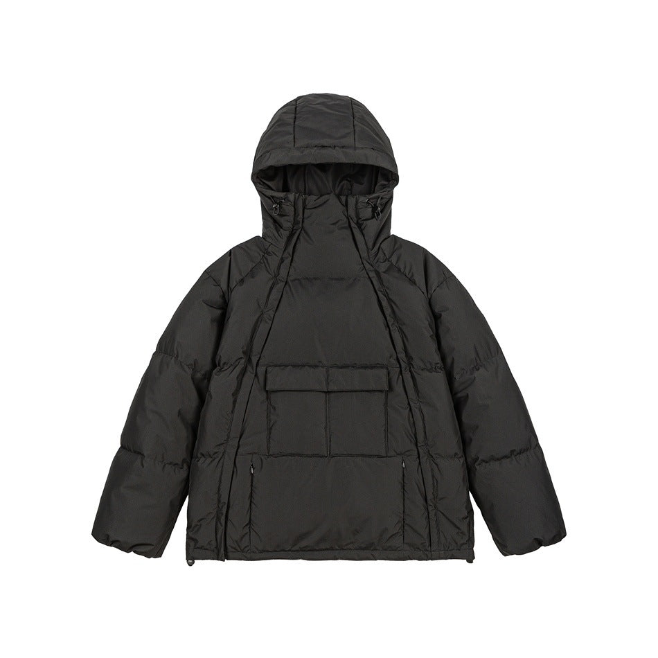Black hooded puffer jacket flat lay, front view with flap chest pocket and lower zip pocket