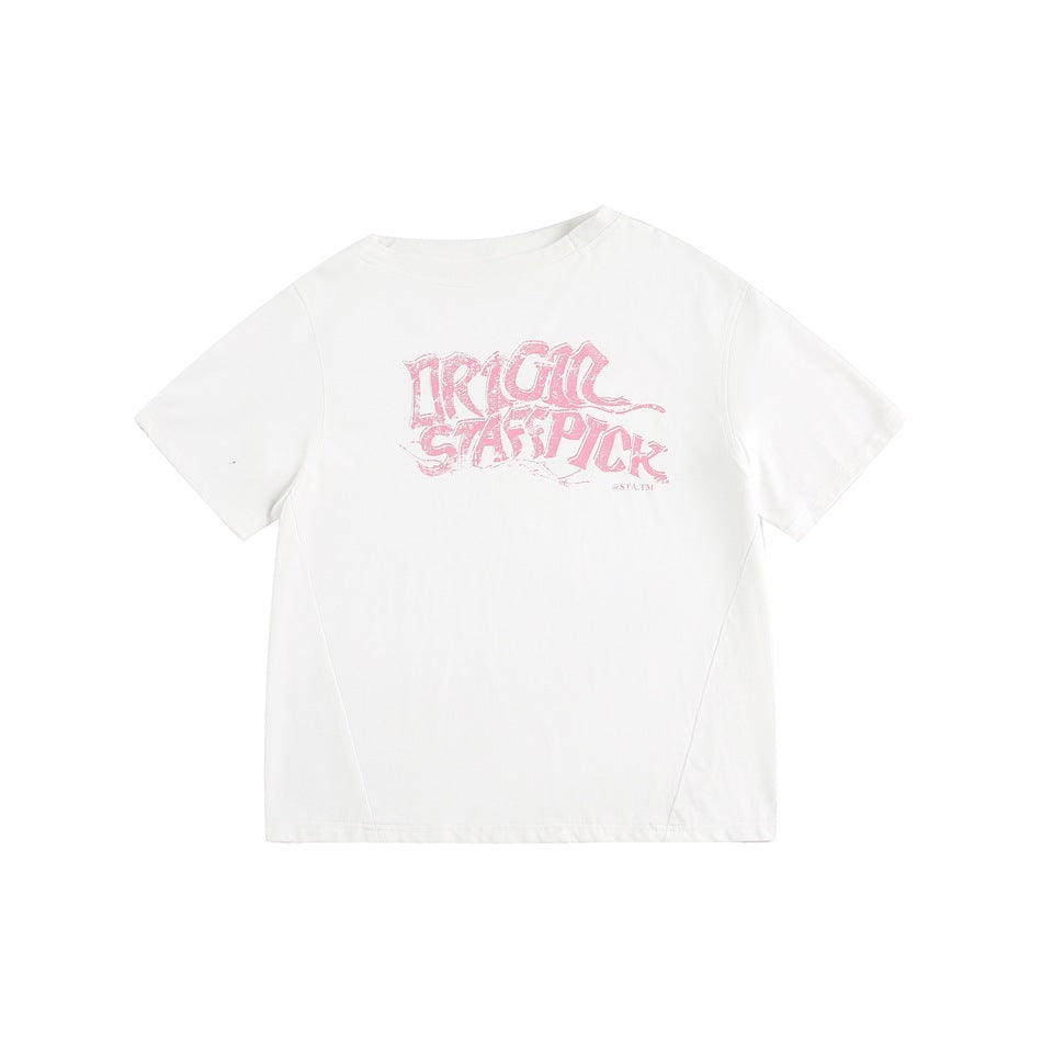 White short-sleeve T-shirt with asymmetric neckline and pink distressed lettering print, flat front view