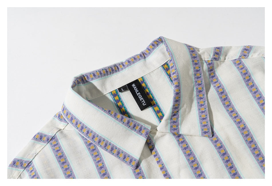 Close-up of an ivory shirt collar and neckline with purple floral stripe bands and turquoise edging.