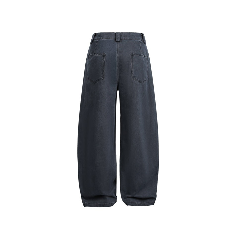 Back view of dark charcoal wide-leg jeans with belt loops and two back pockets.