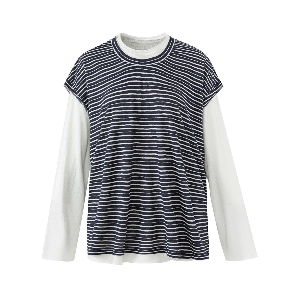 Layered top with navy and white striped short-sleeve overlay over white long-sleeve layer, front view