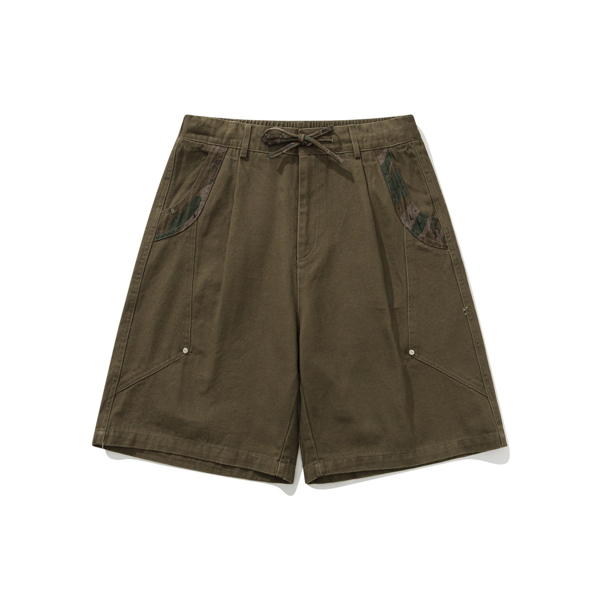 Army green knee-length shorts with drawstring, pleats, camo pocket trim and rivets, flat lay front view