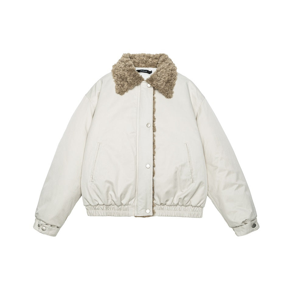 Off-white bomber-style jacket with tan fleece-like collar, snap front, side pockets and elastic hem, front flat lay