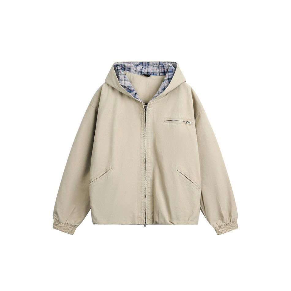 Apricot hooded zip jacket with plaid hood lining, chest zip pocket, angled front pockets and elastic cuffs, front view