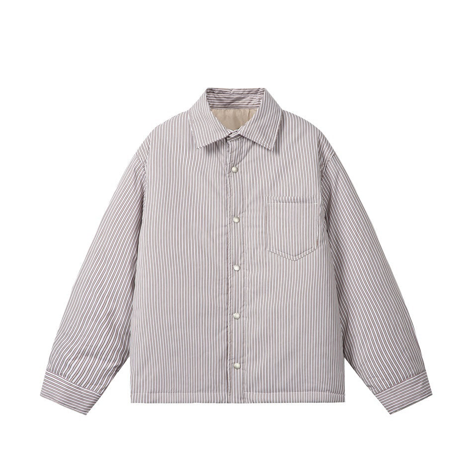 Brown and white striped padded shirt jacket, front view with snap buttons and chest pocket