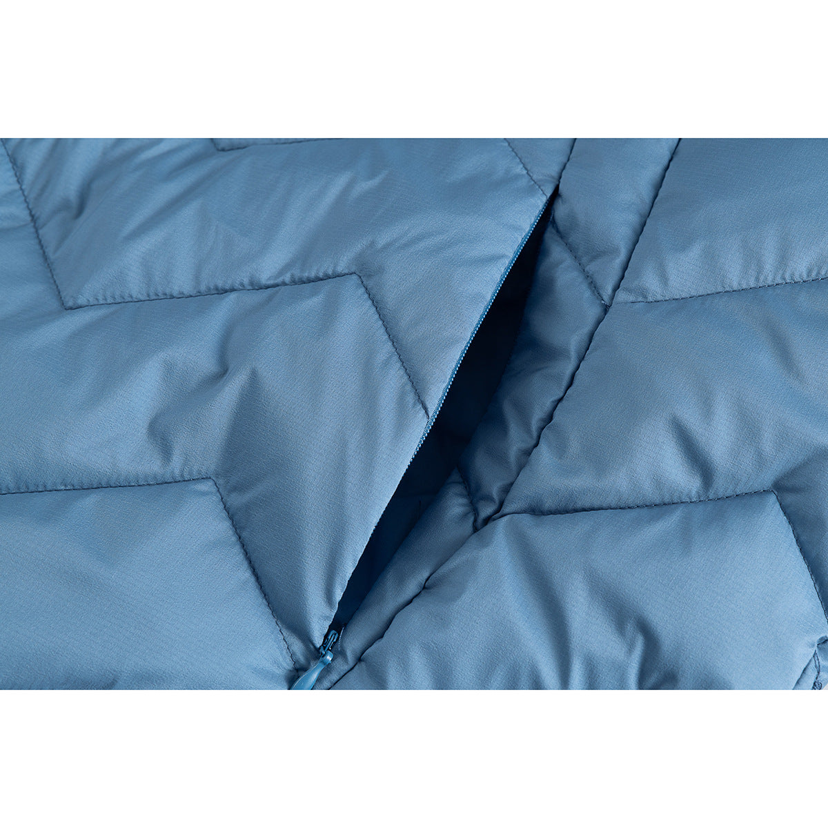 Close-up of blue quilted jacket fabric and a partially open front zipper.