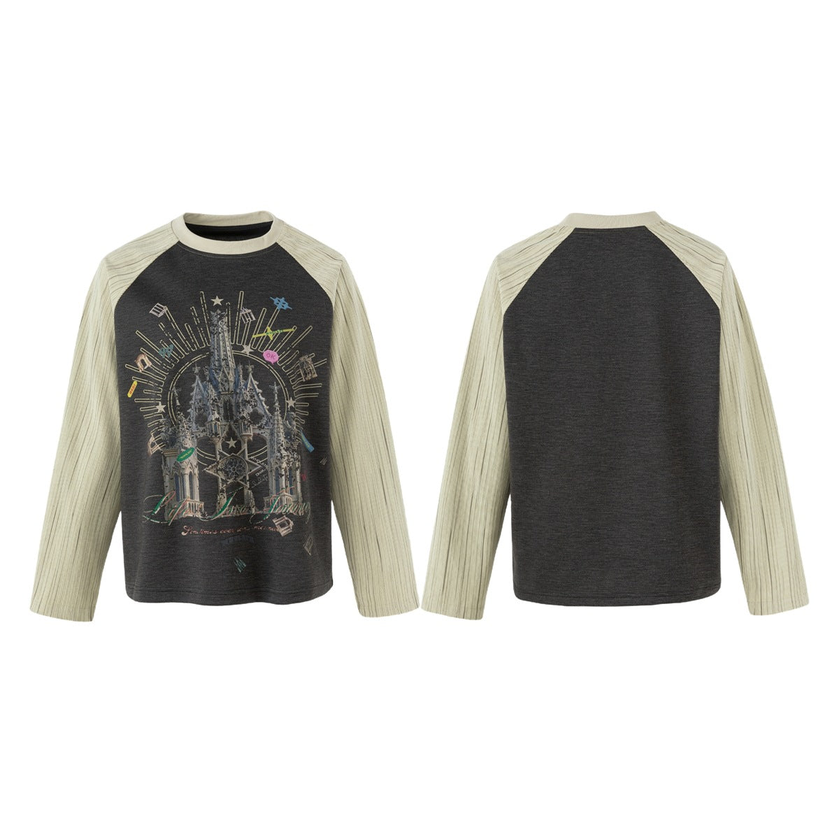 Front and back views of a charcoal raglan top with cream pinstriped sleeves and a colorful castle graphic on the front.
