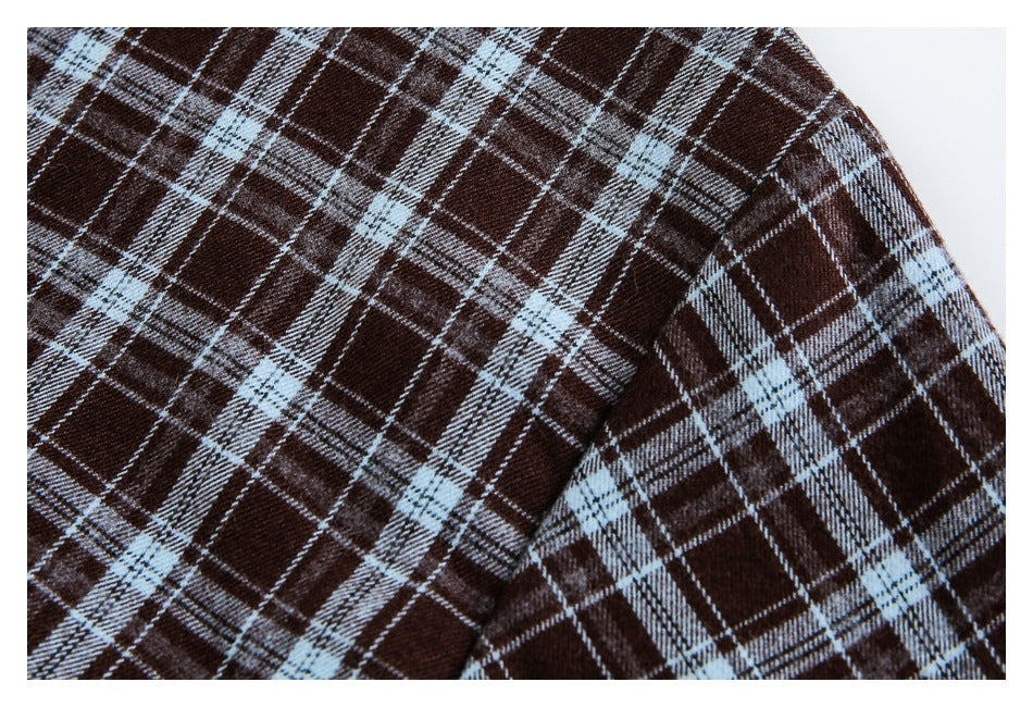 Close-up of the plaid shirt's shoulder seam and sleeve.