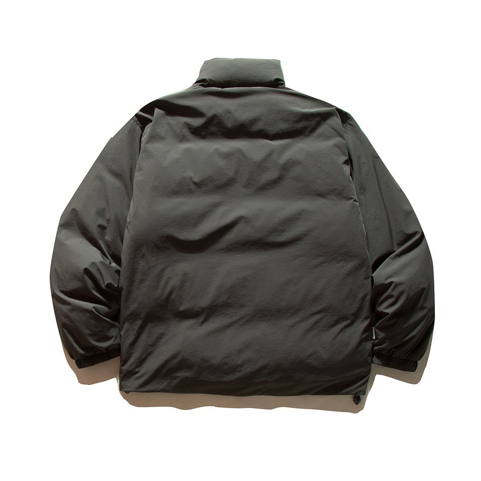 Back view of a charcoal zip jacket with a stand collar and elasticated cuffs.