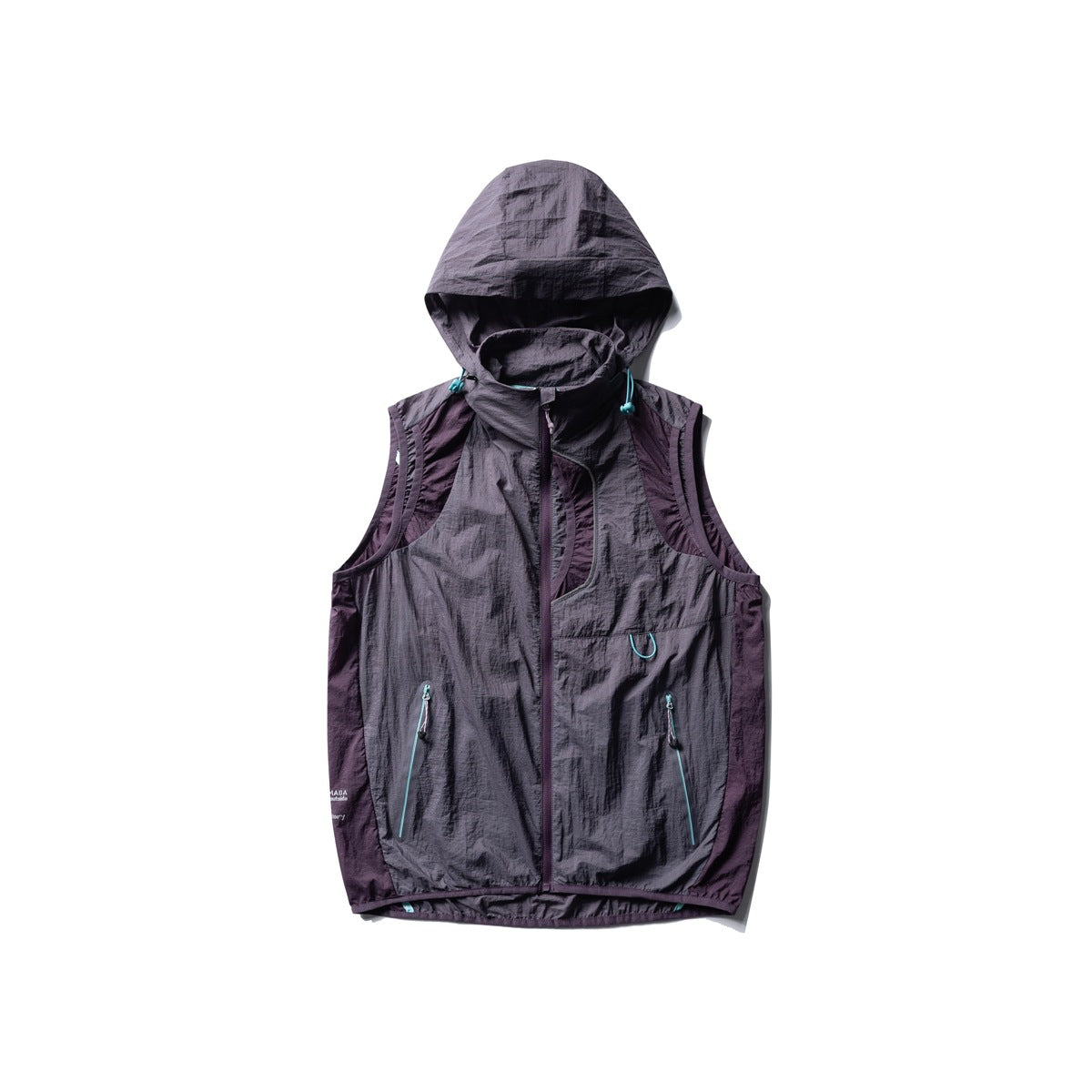 Smoky purple hooded zip vest flat lay with plum side panels, teal zipper trim and drawstring hood toggles