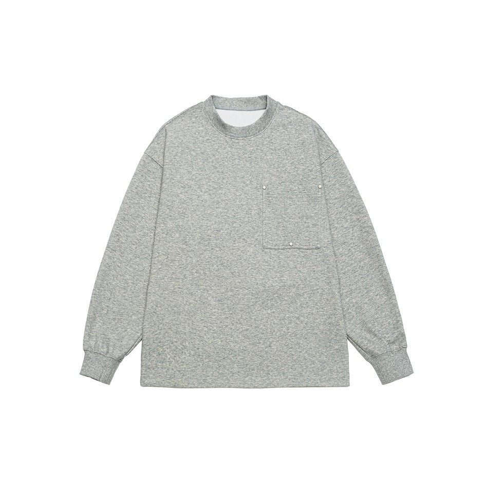 Heather gray long-sleeve crew neck sweatshirt flat lay with square chest pocket and metal studs