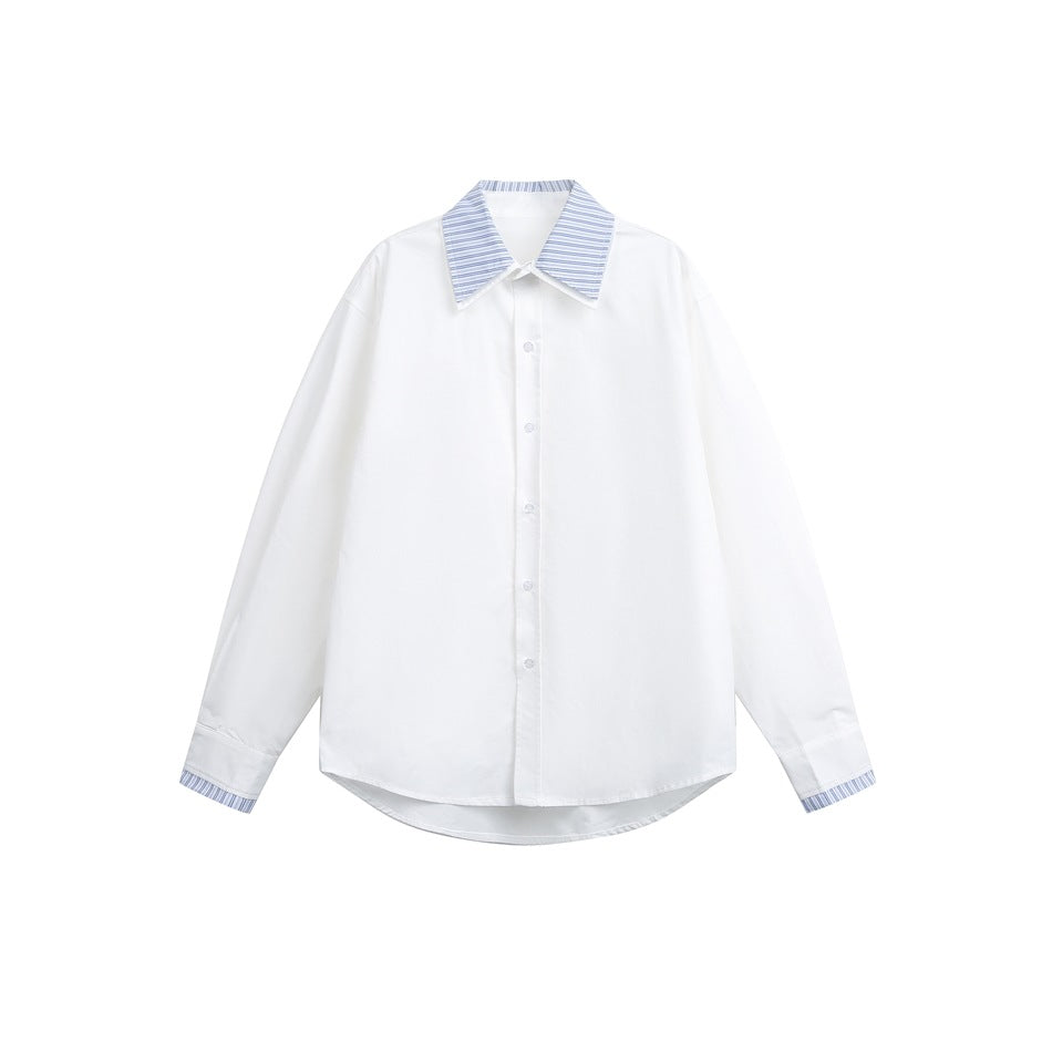 White long-sleeve button-up shirt with blue striped double-layer collar and striped cuff trim, flat lay front view