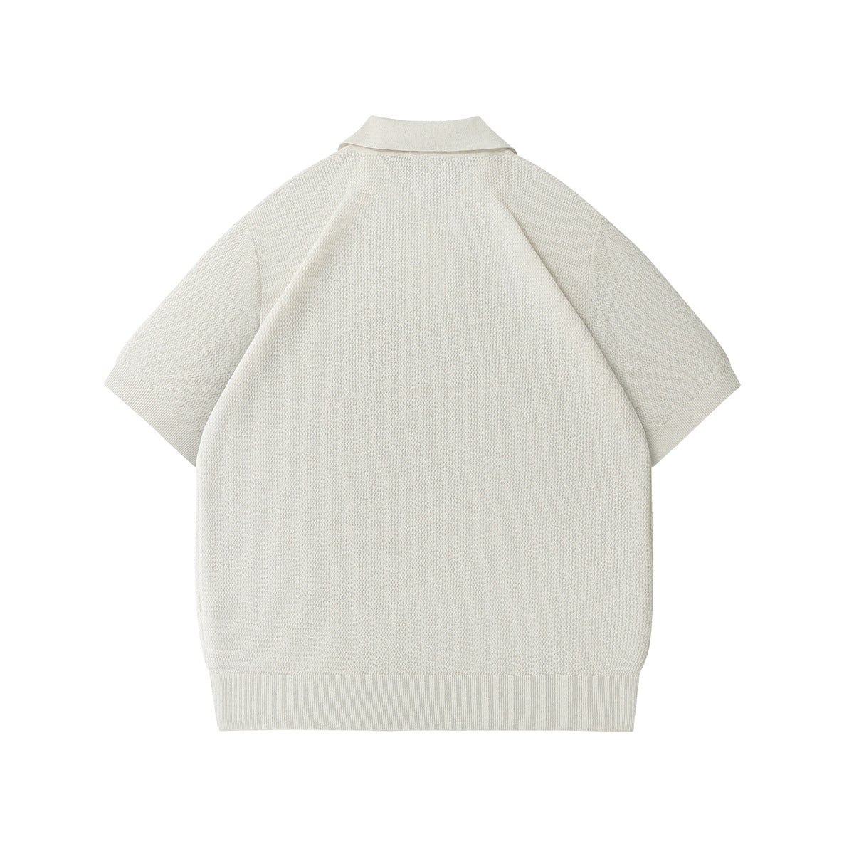 Back view of a cream short-sleeve polo shirt with textured knit and ribbed hem.