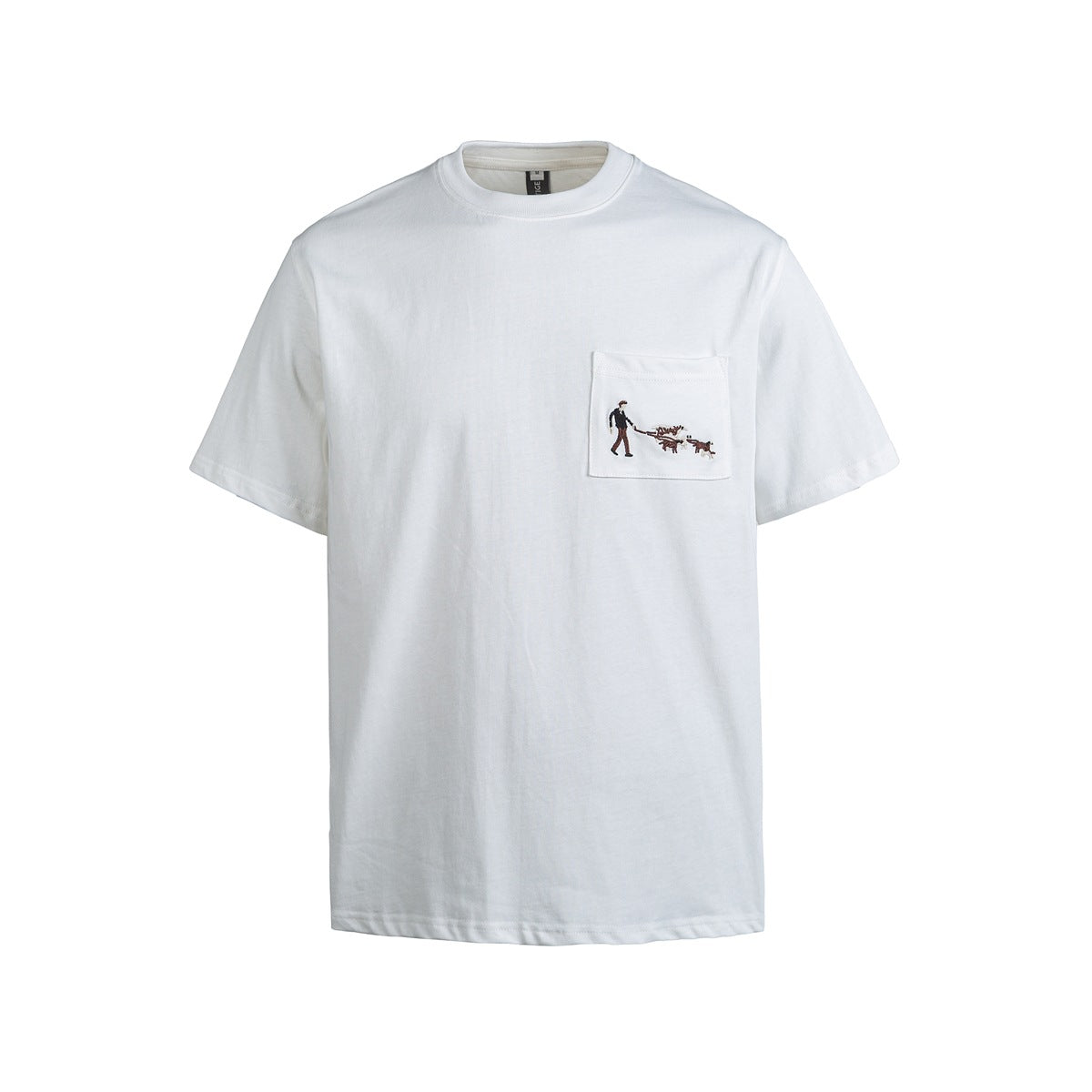 White crew neck T-shirt front with chest pocket embroidered with a person walking dogs