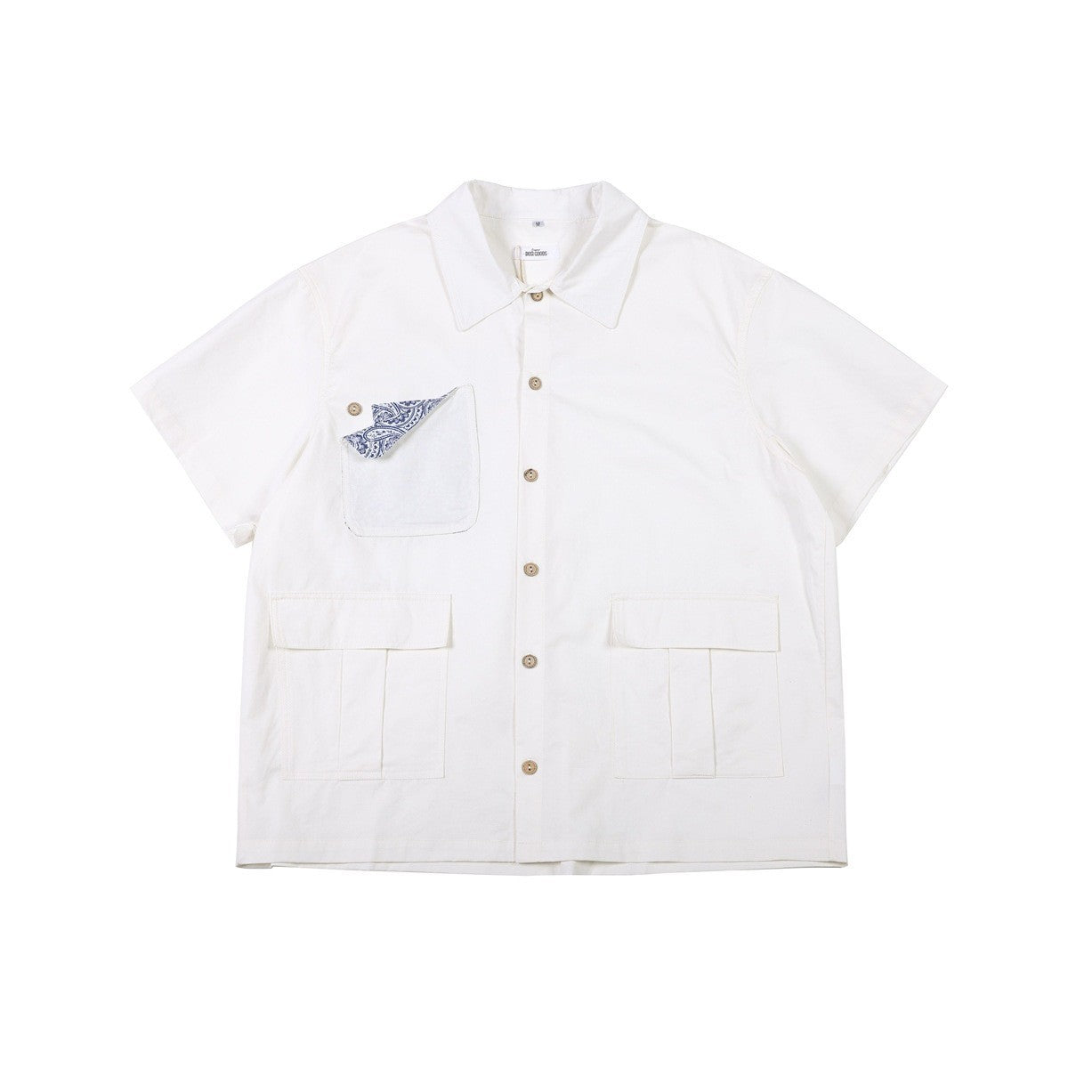 Men's White Short-Sleeve Button-Up Shirt with Flap Pockets