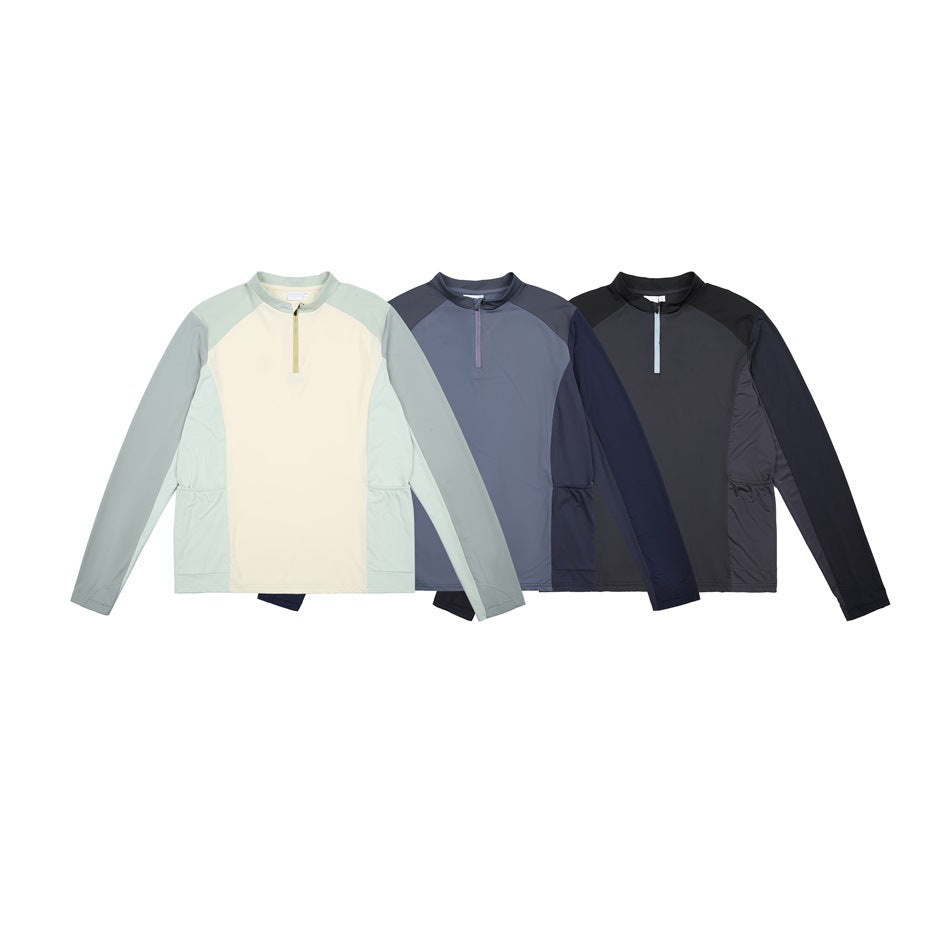 Three long-sleeve quarter-zip tops displayed together in cream and sage, blue-gray and navy, and charcoal.
