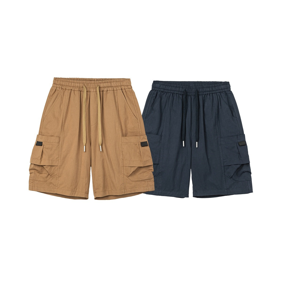 Front view of tan and dark navy cargo shorts with elastic waistbands, drawstrings and large side pockets.