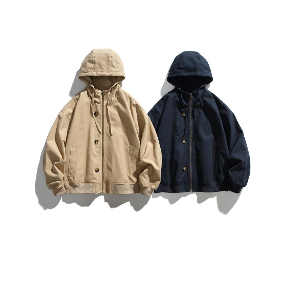 Two hooded jackets displayed flat on white: one beige and one navy, both with zippers, buttons, and pockets.
