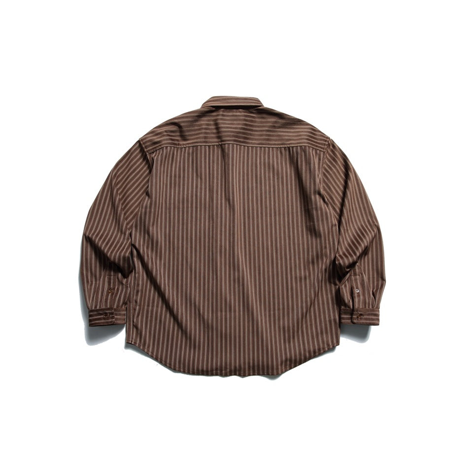 Back view of a brown long-sleeve button-up shirt with narrow vertical stripes.
