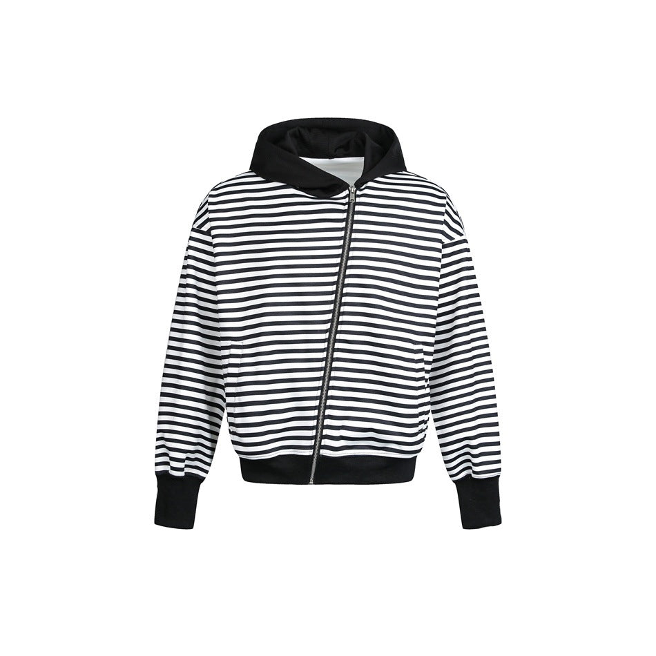 Black and white striped zip hooded jacket with black hood, ribbed cuffs and hem, and diagonal zipper, flat front view
