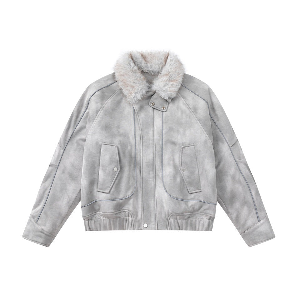 Light gray mottled suede-look jacket with fluffy collar, flap pockets and elastic hem, flat lay front view