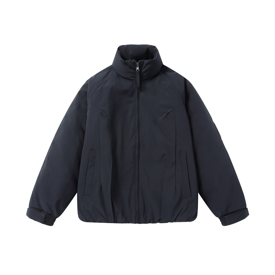 Navy stand-collar zip-front padded jacket, flat front view with slit pockets and elastic cuffs