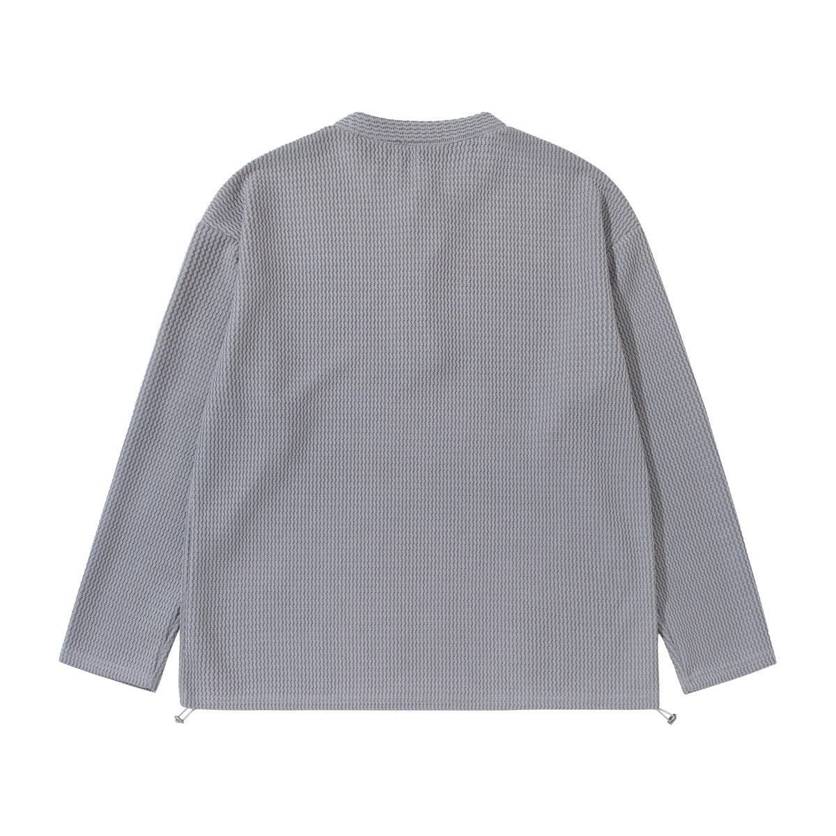 Back view of a light gray long-sleeve textured pullover with an adjustable drawcord hem.