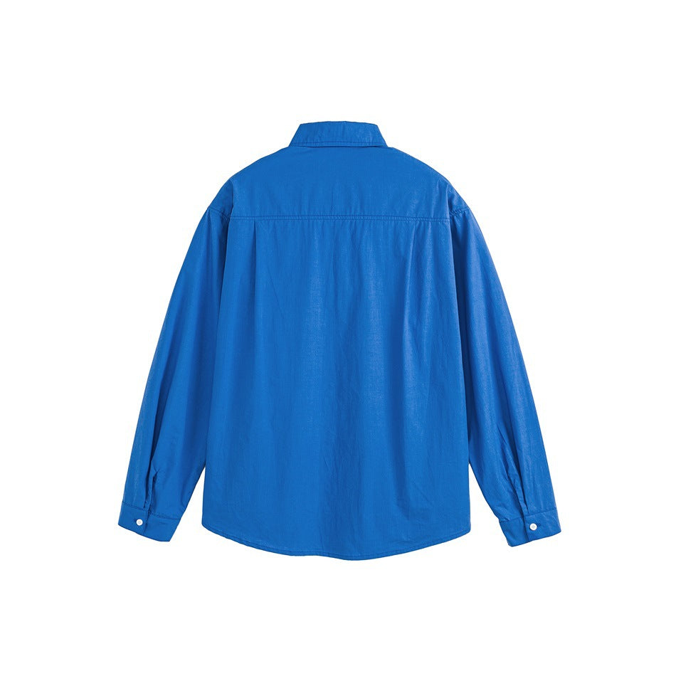 Back view of a bright blue long-sleeved button-up shirt with a pointed collar and curved hem.