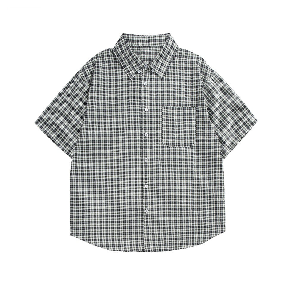 Black and white small plaid short-sleeve button-up shirt with chest pocket, flat lay front view