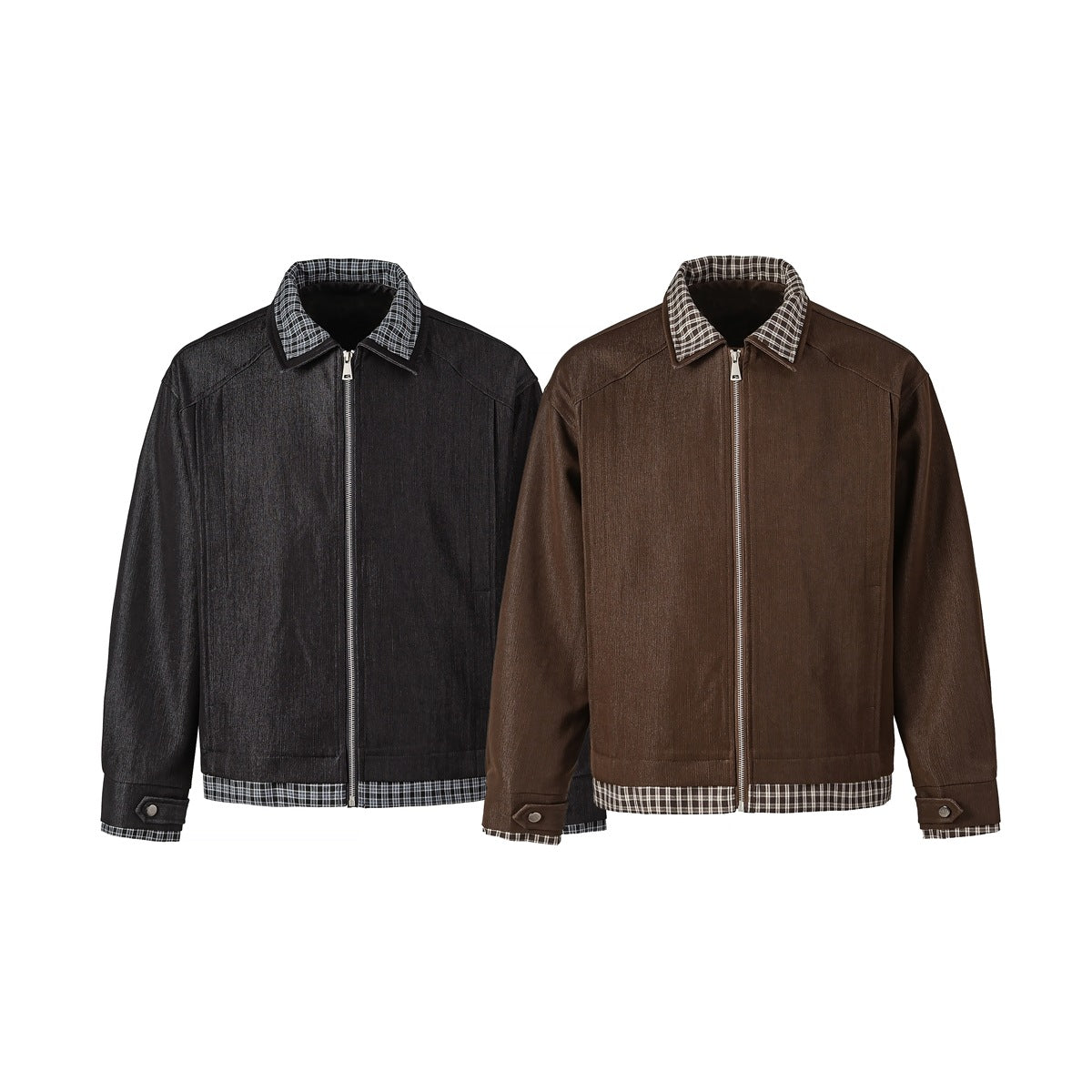 Front view of zip-up jackets in black and brown, each with plaid collar and hem trim.