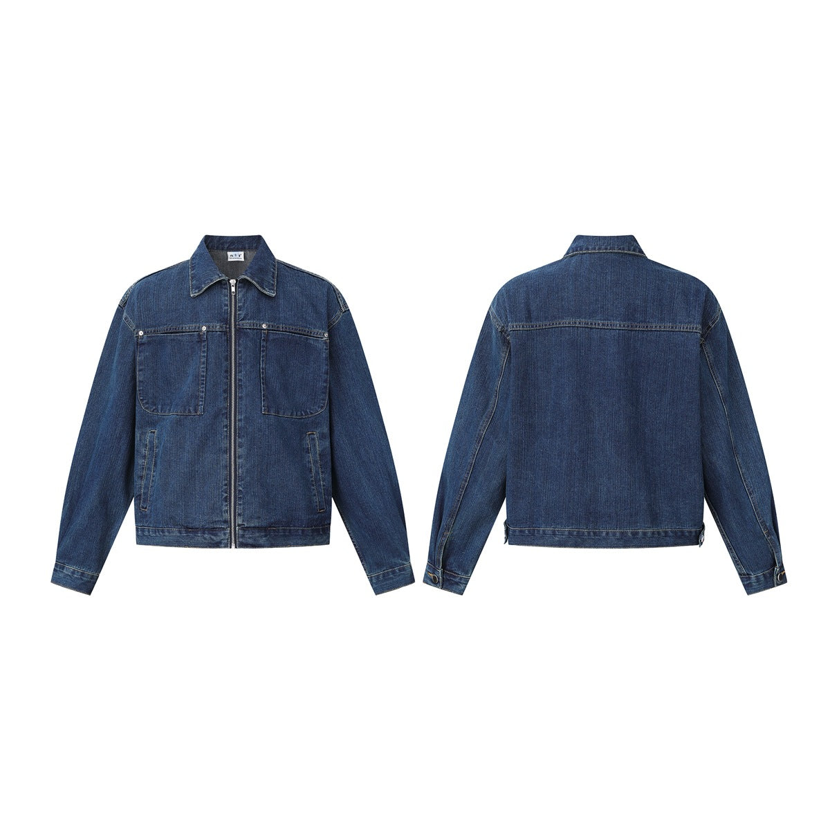 Dark blue denim jacket shown from the front and back, with a zip front and two chest pockets.