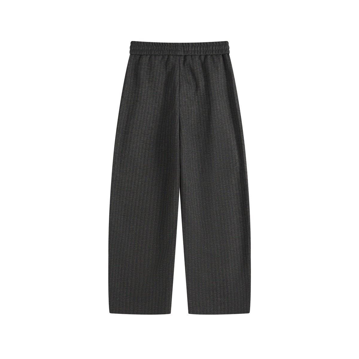 Full flat-lay back view of charcoal pinstripe trousers with a gathered waistband and wide straight legs.