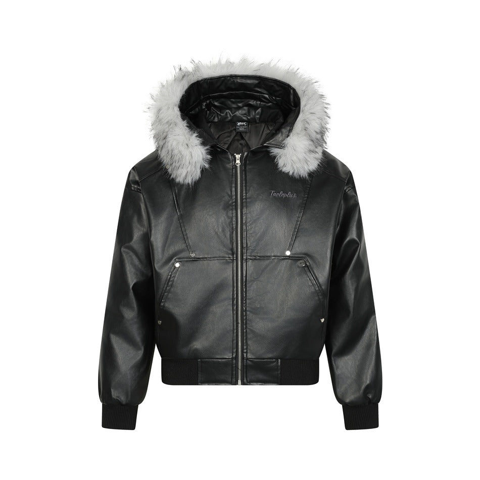 Black faux-leather hooded jacket with gray faux-fur hood trim and front zipper, shown flat from the front