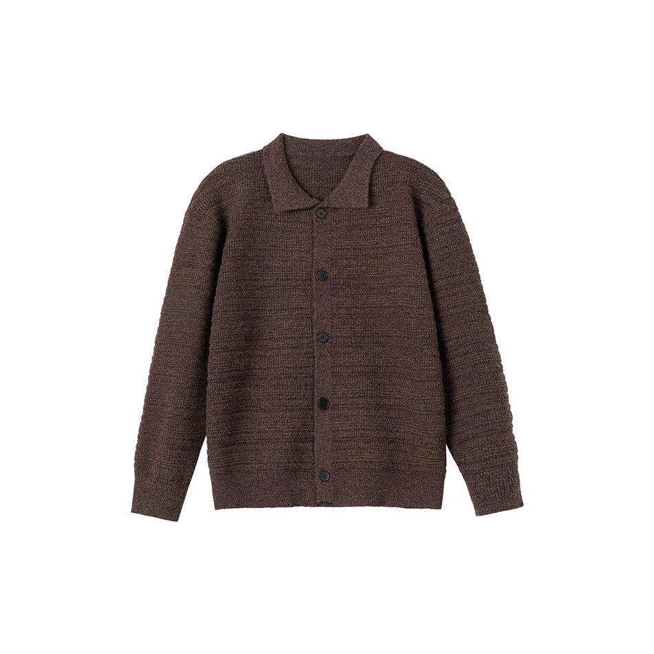 Heather brown textured knit cardigan with pointed collar and five dark buttons, flat front view
