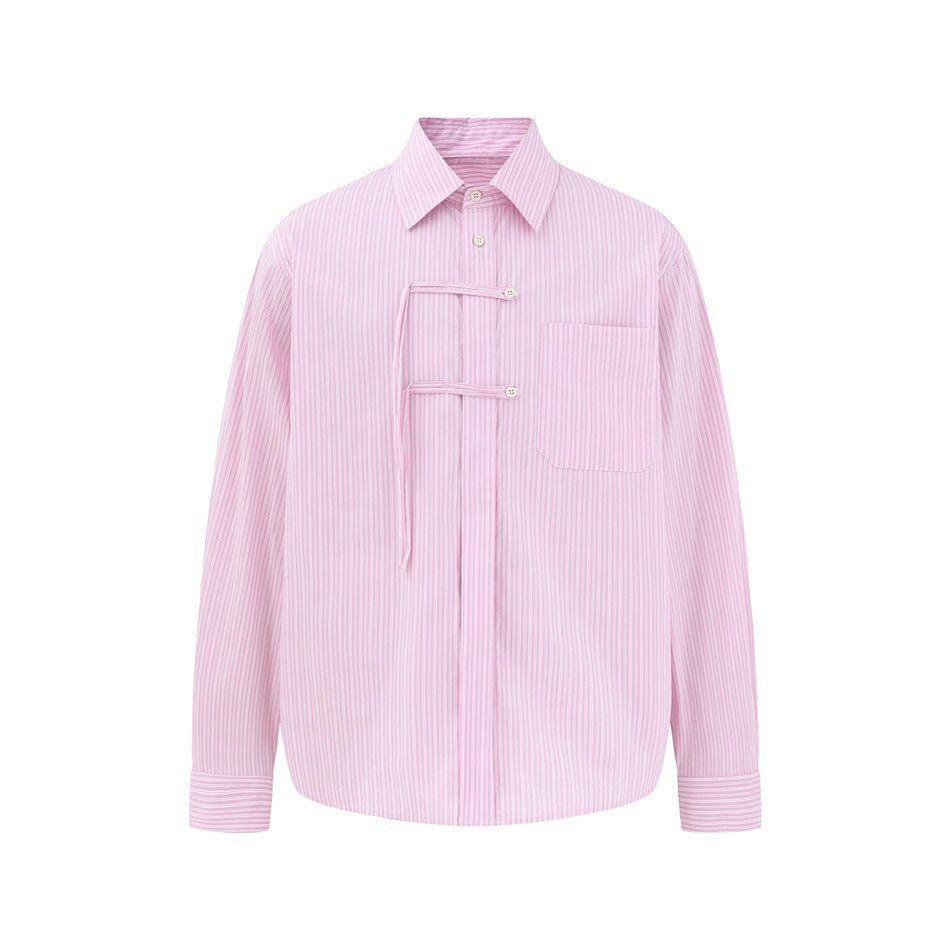 Pink striped long-sleeve shirt with collar, chest pocket and two button strap loops, flat front view