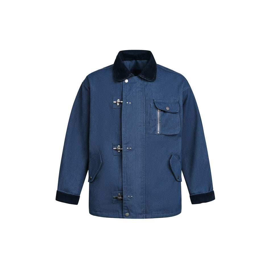 Navy blue canvas-style jacket with dark corduroy-like collar, three metal toggle closures and chest flap pocket, flat front
