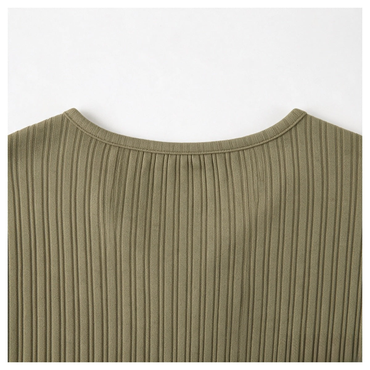 Close-up of the olive-khaki ribbed top's rounded neckline and upper front.