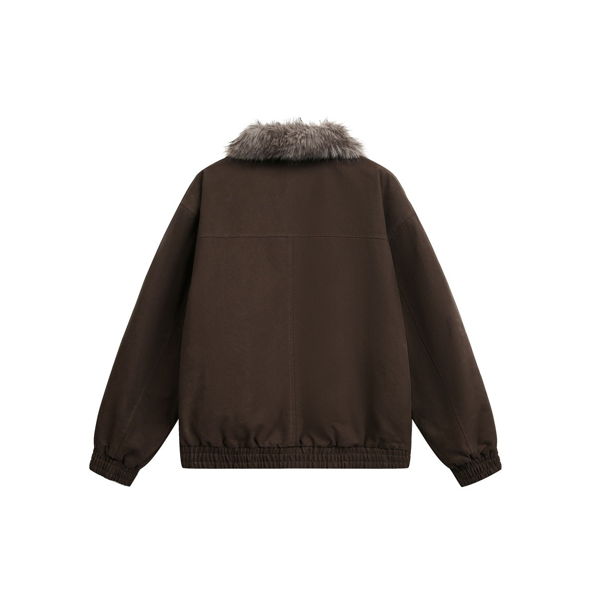 Back view of a dark brown jacket with a gray-brown faux-fur collar and elasticated cuffs and hem.