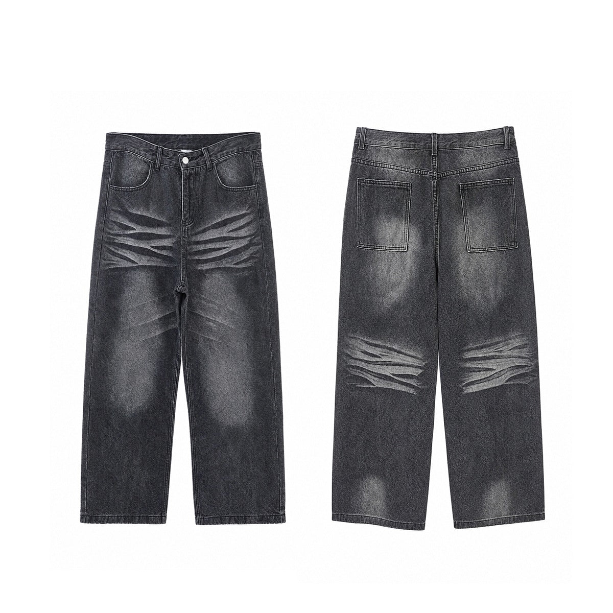 Front and back flat views of washed black wide-leg jeans with faded whiskering and back patch pockets