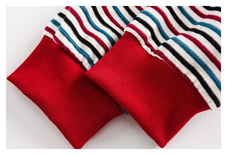 Close-up of red ribbed cuffs attached to white fabric with red, teal, and black stripes.