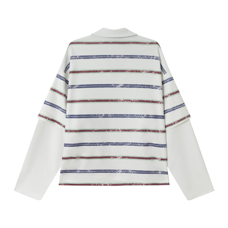 Back view of a white long-sleeve polo with distressed blue, red, and green horizontal stripes.