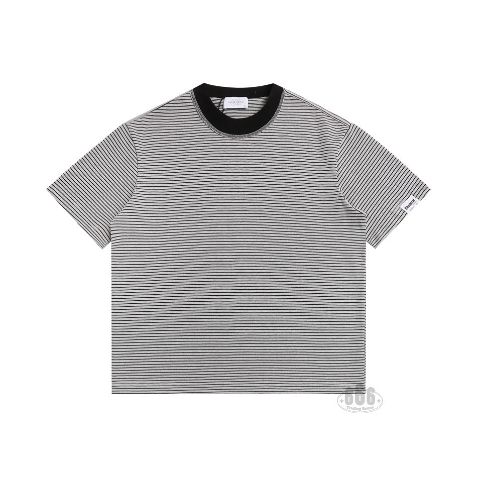 Light gray fine-striped short-sleeve T-shirt with black ribbed collar and sleeve label, flat front view