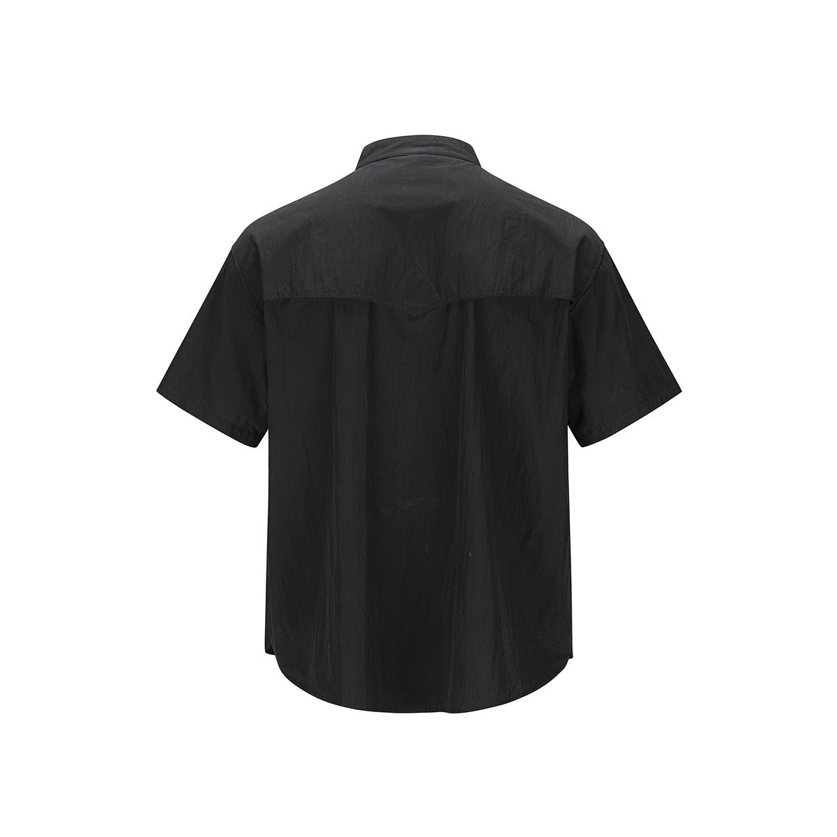 Back view of a black short-sleeve shirt with a stand collar and curved yoke seam.