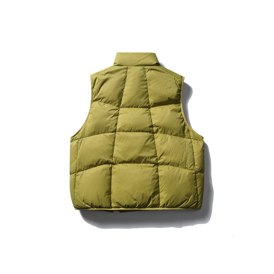Back view of an olive-green quilted sleeveless puffer vest with a raised collar on a white background.