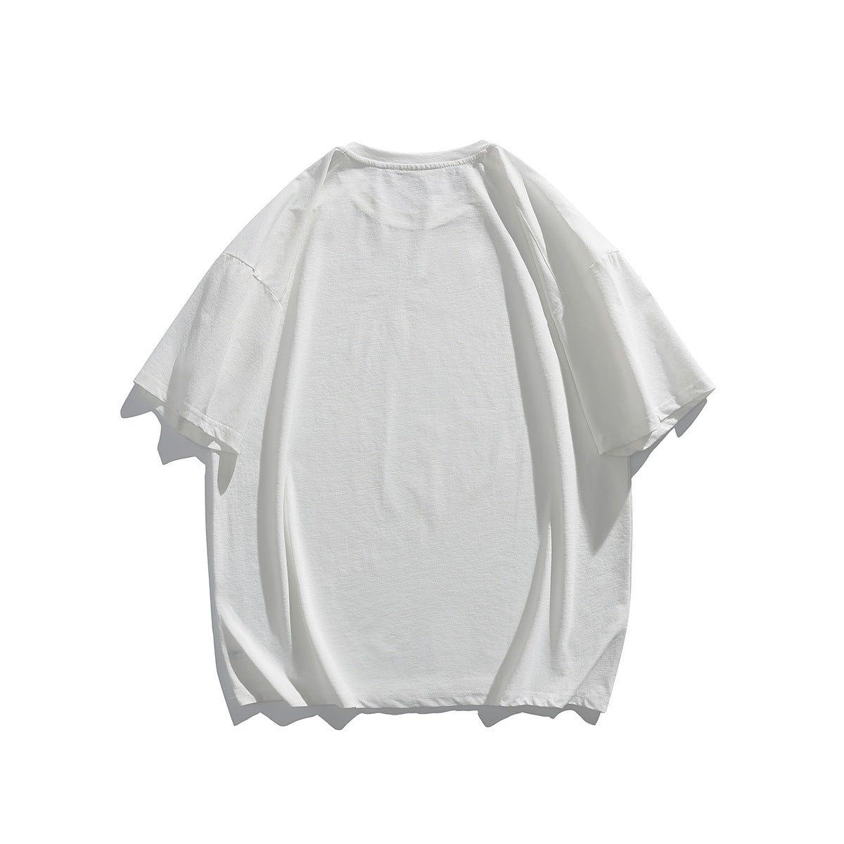 Back view of a plain white short-sleeve T-shirt laid flat.